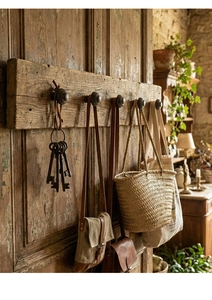 Vintage wall-mounted coat rack with five bronze hooks and natural wood grain finish