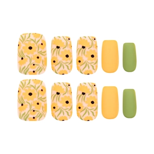 Short square floral press-on nails with yellow flowers and matte green finish