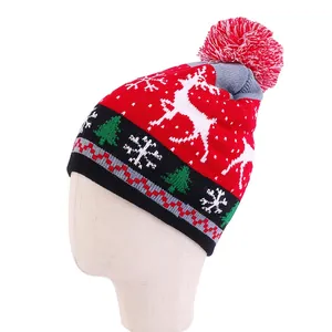 Christmas Knitted Beanie Hat Reindeer Snowflake Jacquard Warm Winter Pom Pom Hat For Parents And Children Festive Acrylic Cap