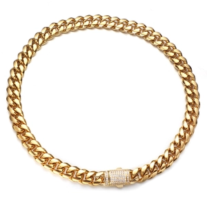 Close-up of gold stainless steel Cuban chain necklace with iced out diamond buckle