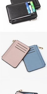 Slim lychee leather card holder featuring three card slots and a zipper coin pocket