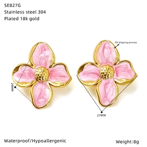 Detailed specs for pink enamel flower earrings in 18k gold plated stainless steel