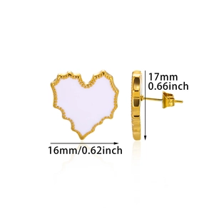 Macro detail of white enamel heart earrings with gold scalloped edges and dimensions