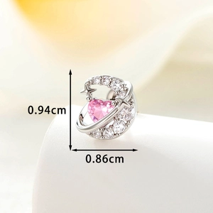 Pink heart and crescent moon zircon stud earrings made of silver titanium steel