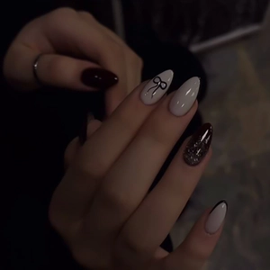 Press On Nails Almond Shape Y2K French Style Black And White With Ribbon Bow Glitter Artificial Fake Nails For Women