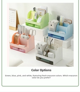 Stackable desktop organizer drawers in green, blue, pink, and white pastel colors