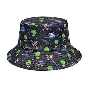 Alien UFO Print Bucket Hat Polyester Reversible Sun Protection Streetwear Retro Fisherman Cap For Men Women
