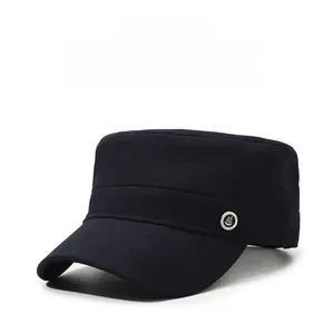 Detail view of breathable side mesh and metal emblem on a navy flat top army cap