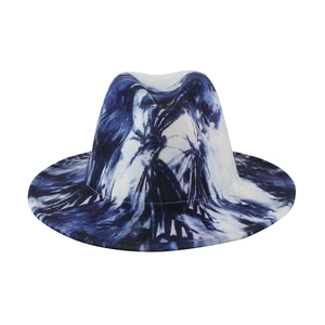 Chic blue and white tie-dye fedora hat with a street style jazz aesthetic for autumn