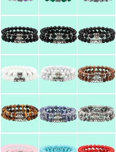 Detailed grid of 8mm tiger eye and lava stone double-layer bracelets with owl charms