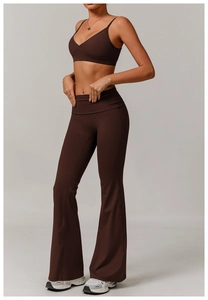 Full view of deep brown recycled yoga set with V-neck bra and flared leggings