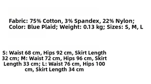 Detailed fabric chart for blue checkered shirt and mini skirt set with size specifications