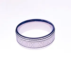 Classic stainless steel ring with Roman numerals engraving and beaded edge detail