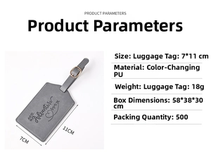 Detail of grey PU leather luggage tag with embossed adventure quote and metal buckle