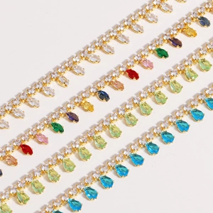 Gold plated necklace featuring colorful teardrop and marquise cubic zirconia pendants