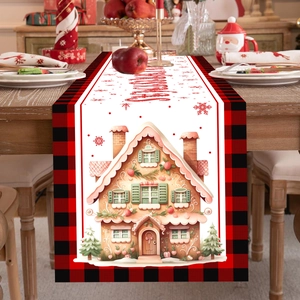 Christmas Table Runner Polyester Buffalo Plaid Border Gingerbread House Snowflake Print Holiday Dining Party Home Decor