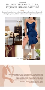 Detail view of navy blue satin slip dress with high slit and elegant silk texture