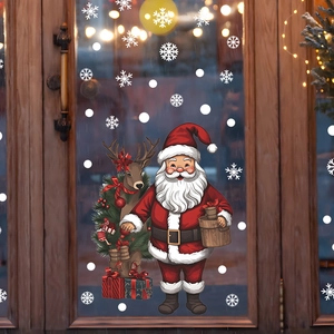 Christmas window static stickers with Santa, reindeer and snowflakes on a glass door
