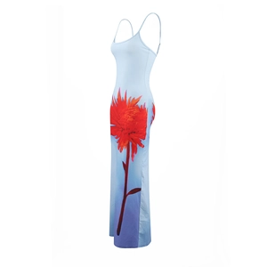 Side view of bodycon maxi dress with blue-purple gradient and large red flower prints