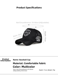 Detailed size chart for breathable mesh baseball cap with 55-60cm adjustable strap