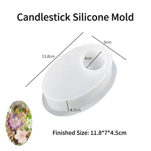 Moule ovale en silicone pour bougeoirs en résine avec dimensions et exemple de moulage floral