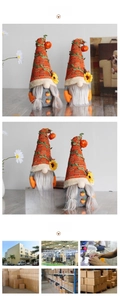 Close-up detail showing decorative autumn harvest gnomes with pumpkin and sunflower accents