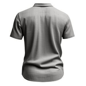 Detailed back view of a grey short sleeve linen shirt showing premium fabric texture