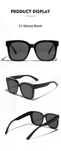 Detailed views of classic glossy black oversized square frame sunglasses from three angles