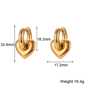 Polished gold stainless steel heart earrings with detailed size and weight measurements