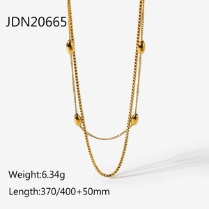 Detail view of 18K gold plated double layer necklace with oval beads and size specs