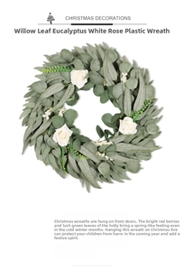 Detail of Christmas wreath featuring willow leaves, eucalyptus and white roses on white back