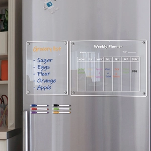 Magnetic acrylic weekly planner and grocery list boards on fridge with 6 markers