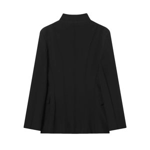 Vue arrière d'un ensemble blazer noir cintré pour femme en tissu de costume premium