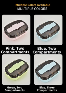 Detail view of multi-compartment lunch boxes in pink, blue and green colors