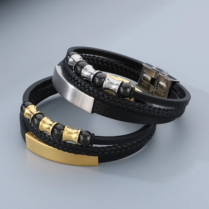 Braided leather multilayer bracelet for men with stainless steel beads and metal plates