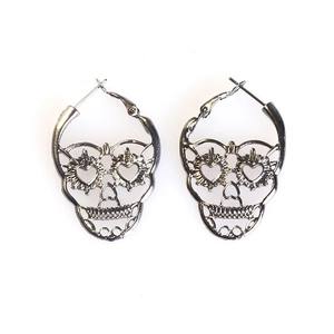 Vintage skull drop earrings with heart eye sockets and hollow metal design