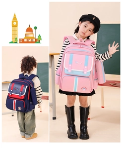 Pink and navy ergonomic school bags for primary students featuring reflective safety strips
