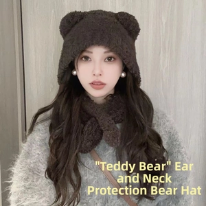 Detail view of teddy brown bear ear beanie with integrated neck warmer and ear protection