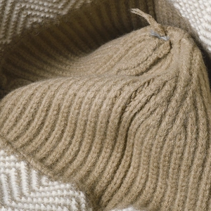Thick ribbed knit bucket hat for women in camel with geometric diamond patterns