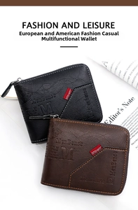 Close-up of MenBense men's zip wallets in black and dark brown with lychee texture