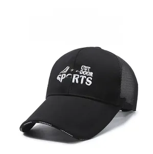 Detail of outdoor sports embroidery and breathable mesh on a black baseball cap