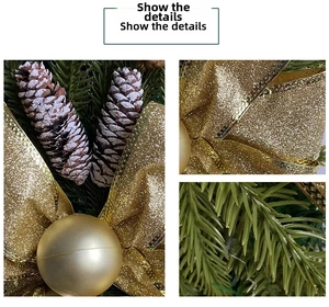 Detail of Christmas wreath featuring golden glitter bow, snow-dusted pine cones and green needles