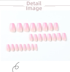 Flat lay detail of square short ballet nails with pink ombre gradient finish