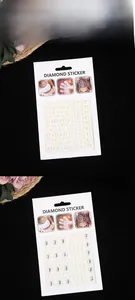 Detail of white half-pearl and iridescent rhinestone facial stickers in retail packaging