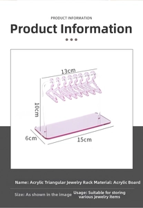 Macro detail of acrylic earring display stand with miniature hangers and 15x6cm base dimension