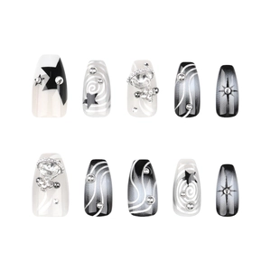 Y2K punk style coffin press-on nails with silver star glitter and 3D planet charms