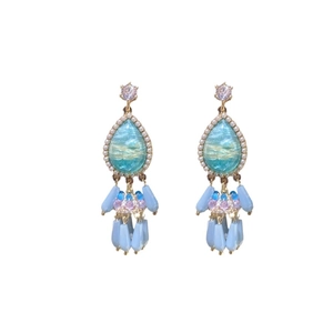 Vintage silver needle earrings with blue teardrop crystals and elegant pearl fringe