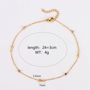 Gold 304 stainless steel anklet with Love charms and zircon stones, 24+3cm length