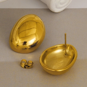 Polished gold-plated 304 stainless steel oval stud earrings in a minimalist style