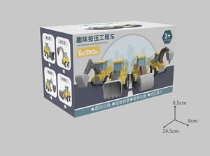 Detail view of 4-pack construction toy truck packaging with size specifications
